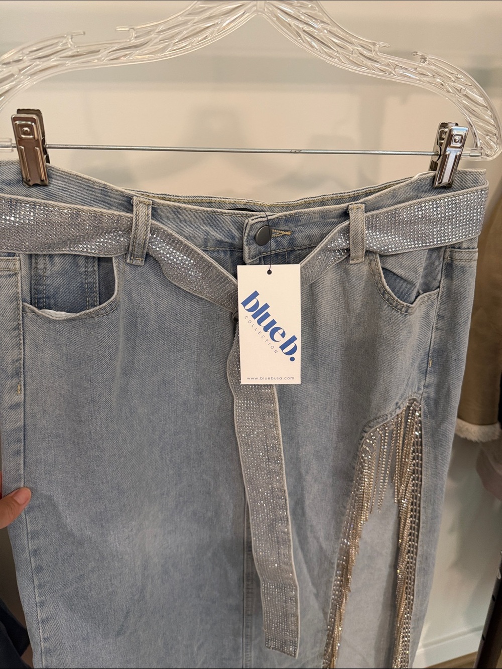 Light Wash Straight Leg Jeans with Rhinestone Belt & Fringe